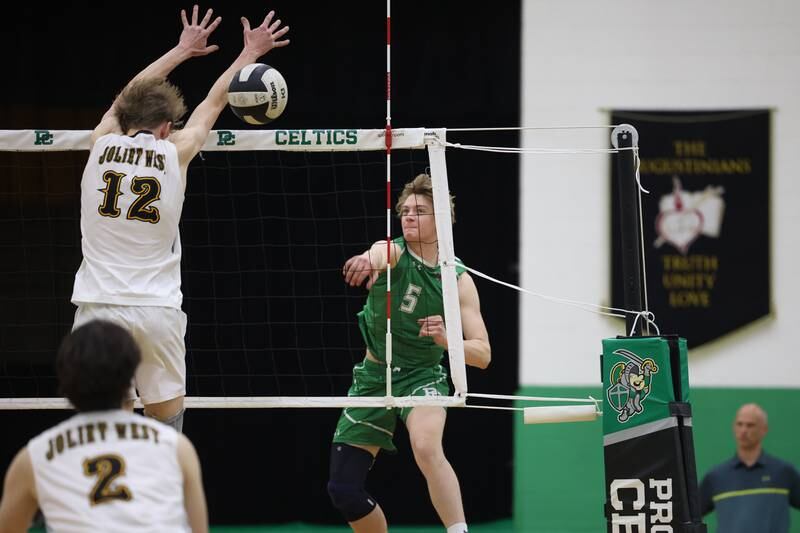 Providence’s Ethan Matton hits a shot against Joliet West on Tuesday, April 16, 2024 in New Lenox.