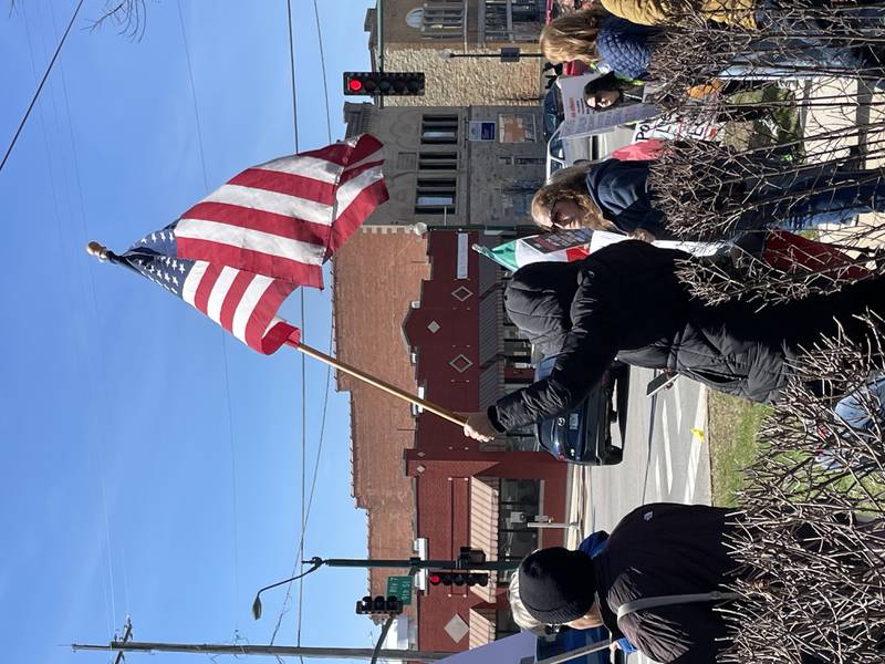Protesters lined up along 9th Street at City Square in downtown Lockport for a No Kings rally in opposition to the Trump administration on Saturday, March 28, 2026.