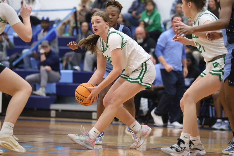 Providence’s Layken Callahan looks for a play against Hillcrest in the Class 3A Hillcrest Sectional championship game on Thursday, Feb. 26, 2026 in Hillcrest.
