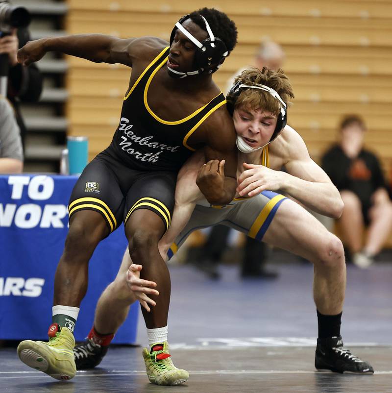Wheaton North’s Ryan Rosch wrestles Glenbard North’s Treshon Williams at 150-lbs at the 2025 DuKane Boys Varsity Tournament Saturday, Jan. 25, 2025 in St. Charles.