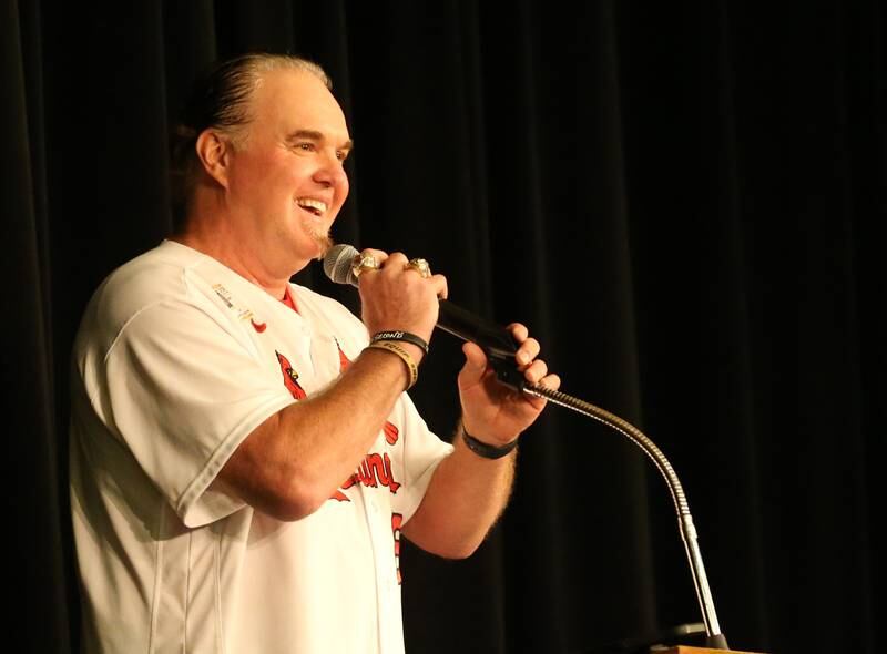 Former Major League Baseball infielder Scott Spiezio speaks to students in Matthiessen Auditorium on Wednesday, Oct. 24, 2024 at La Salle-Peru Township High School.