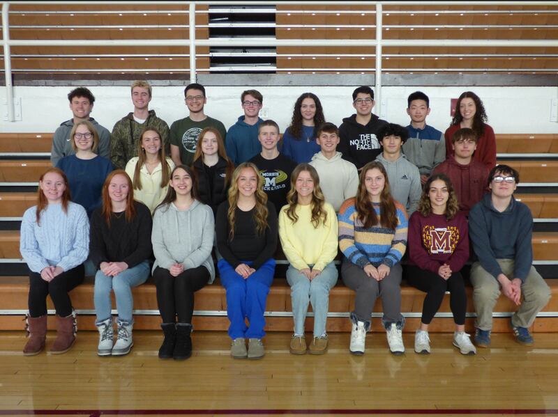 The Illinois State Scholars from Morris Community High School are (front row, from left) Danica Martin, Makensi Martin, Nicole Gagnon, Ashlyn Punke, Grace Mennenga, Julia Knoblich, Leah Ortiz, Charles Martello, (second row, from left) Elise Knudson, Julia Borgstrom, Reagan Oelschlager, Logan Matzen, Cameron Raymer, Jason Ajlan, Daniel Hess, (third row, from left) Colin Pfeifer, Connor Ahearn, Jack Wilkinson, Donovan Smith, Jaqueline Aguilera, Joseph Frias, Brian Chen, and Paige Swanson. Not pictured are Taylor Cotter and Andrew Engelke.