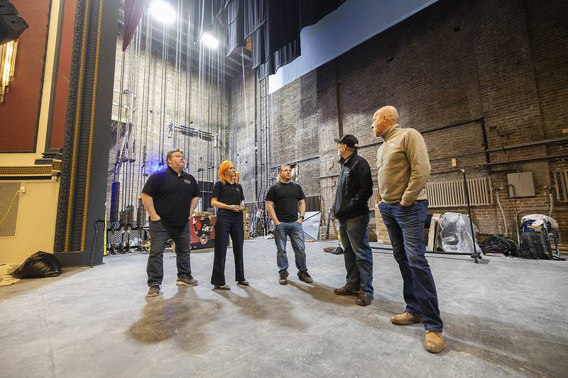 The Dixon executive director Darren Mangler (left), theater manager Tori Highley, technical manager Scott Shipp, historian Tom Wadsworth and councilman Mike Venier talk about the recent renovations Tuesday, Feb. 18, 2025, and the upcoming reopening of The Dixon.