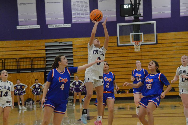 Rochelle's Ariana Hueramo takes a shot during a JV basketball game with Genoa-Kingston. Rochelle won 37-23.