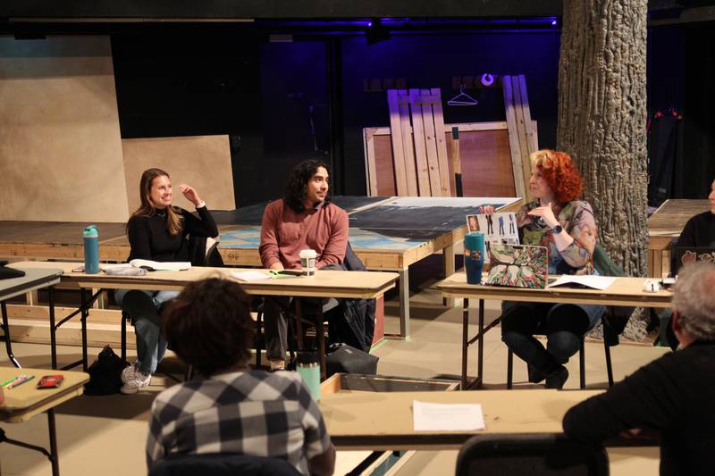 Sofia Tew and Richard Gomez look on as costume designer Kimberly G. Morris shares costume renderings for "Native Gardens" by Buffalo Theatre Ensemble at College of DuPage in 2025. Photo by Rex Howard Photography