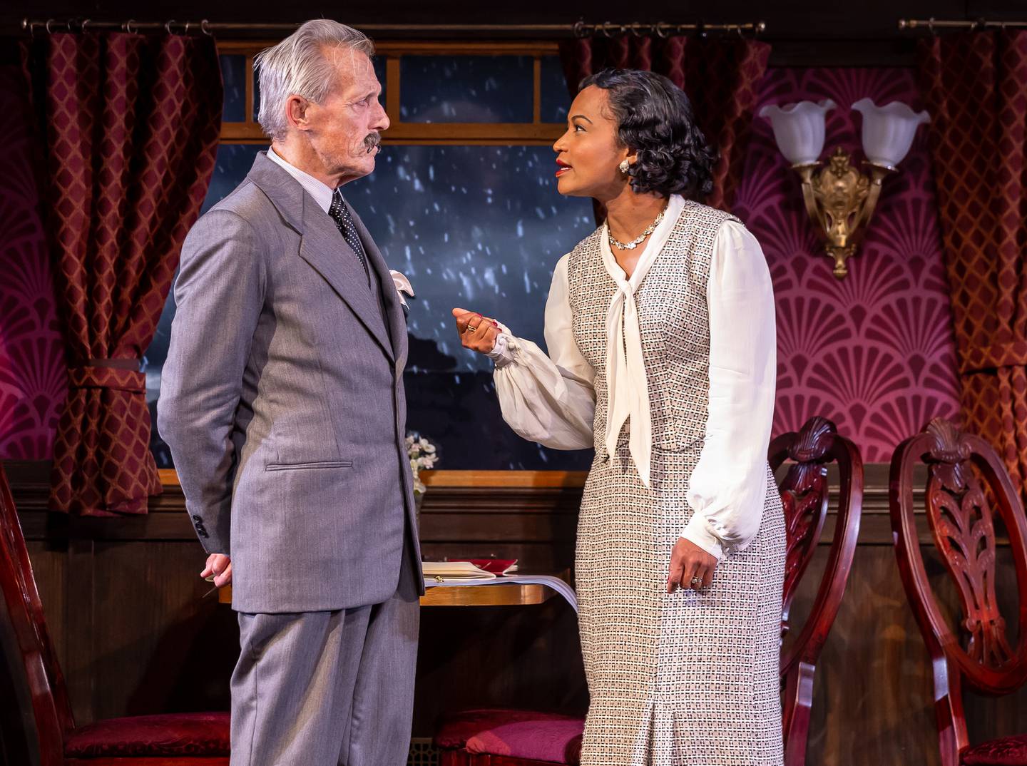 Larry Yando and Diana Coates in a scene from "Murder on the Orient Express" at Drury Lane Theatre in Oakbrook Terrace.