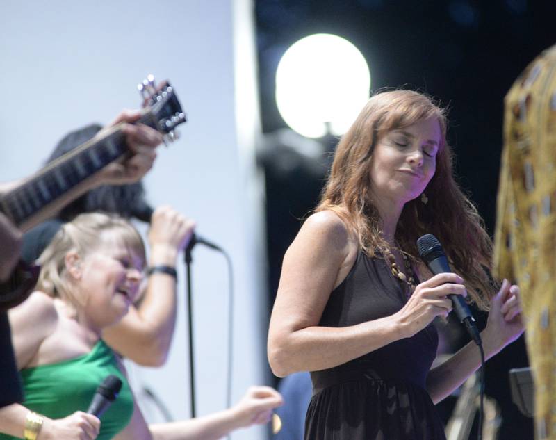 Three vocalists sing with Brass From The Past at the Jamboree Concert Series on Friday, Aug. 1, 2025 in Mt. Morris.