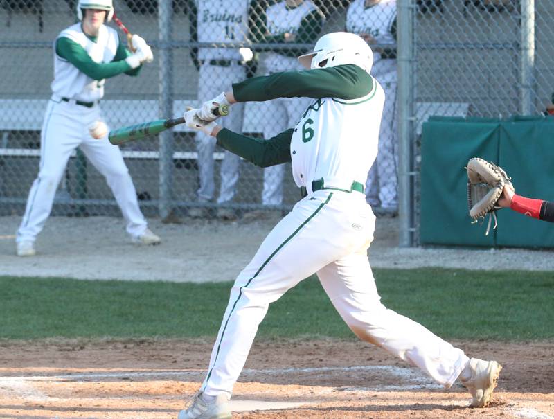 St. Bede's Nathan Husser smacks a base hit against Indian Creek on Thursday, March 28, 2024 at St. Bede Academy.