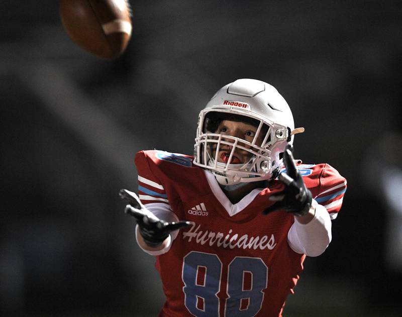 Marian Central wide receiver Christian Bentancur can't reach a pass in a football game against Saint Viator at Roosevelt University in Arlington Heights on Friday, March 26, 2021.