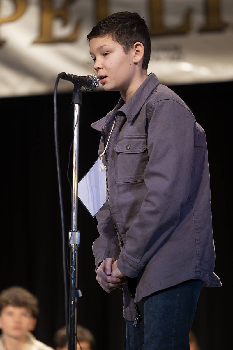 Briggz Scheck of Oregon Elementary went out on the word drivel in round three Thursday, Feb. 20, 2025, at the Lee/Ogle/Whiteside County Spelling Bee.