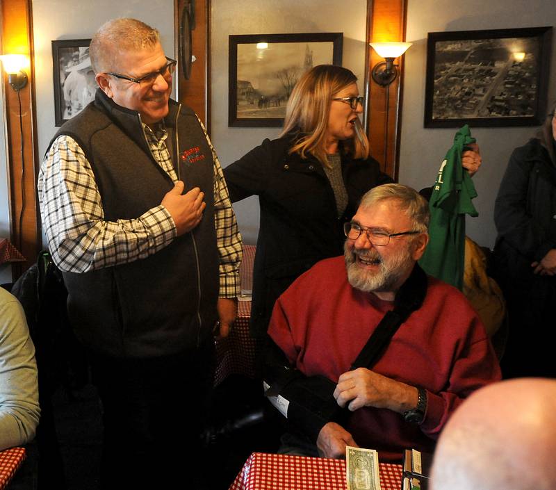 Darren Bailey, a Republican candidate for Illinois governor, talks with diners Thursday, March 3, 2022, during a stop at the Little Chef Restaurant in McHenry. Bailey, who is one of several Republicans expected to run for a governor, spoke to a room full of people during the first of four scheduled campaign stops Thursday.