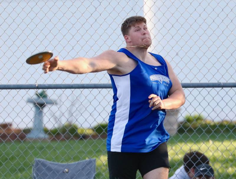 Princeton senior Bennett Williams competes in the discus in Tuesday's Howard-Monier Invite at Princeton. He placed second throwing out of the power position coming off a knee injury.