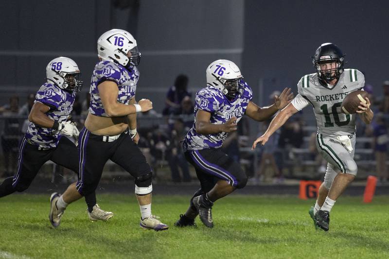 Rock Falls' Trail Stonitsch looks to pass while being chased by Dixon’s Jayden Neal Friday, Sept. 12, 2025.