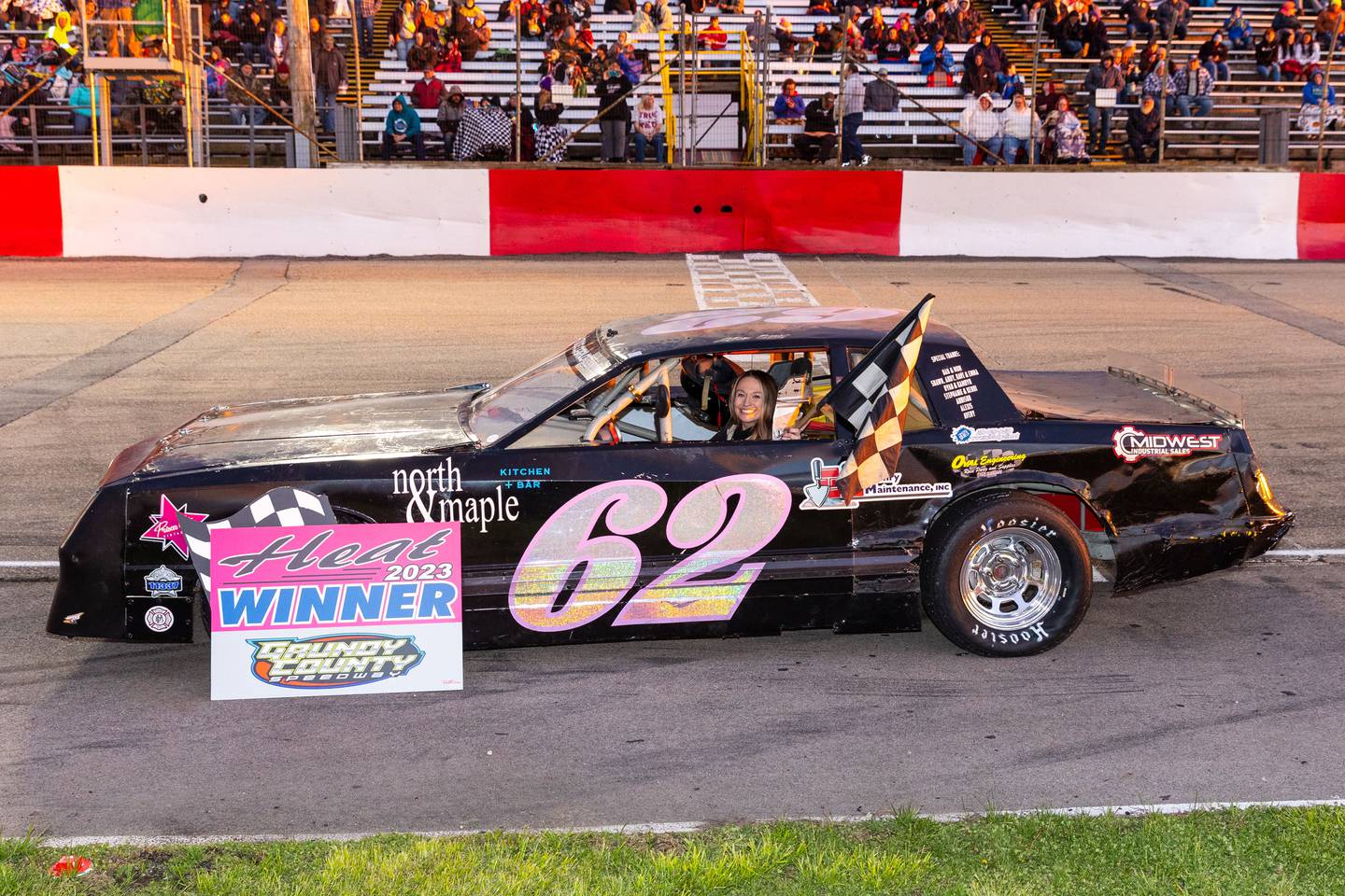 Morris resident Alex Gay picks up a victory in her #62 Street Stock at the Grundy County Speedway