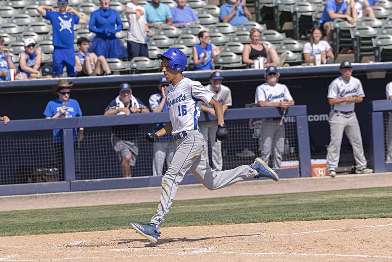 Newman’s Isaiah Williams comes in to score Saturday, June 3, 2023 during the IHSA class 1A third place baseball game.