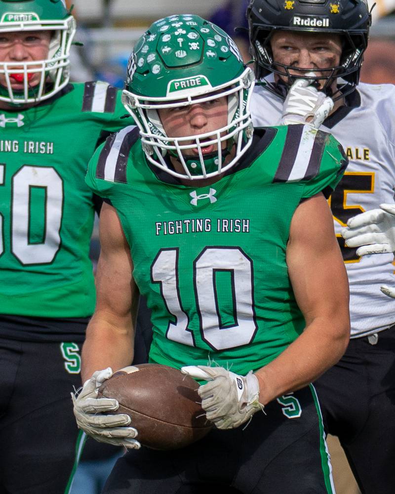 Liam Knoebel (10) of Seneca celebrates first down on Saturday, November 1, 2025 at Seneca High School in Seneca.
