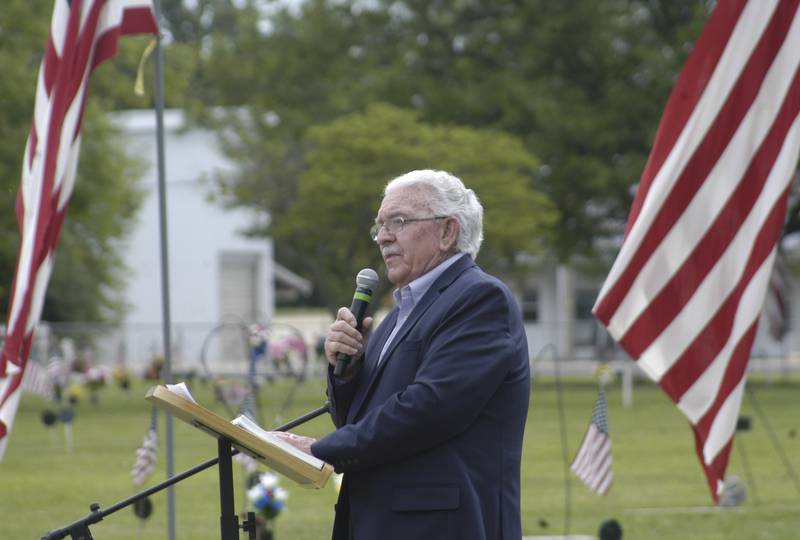 The Rev. Dalmus Meeks presents the keynote address in Rock Falls during a Memorial Day service on Monday, May 25, 2026.