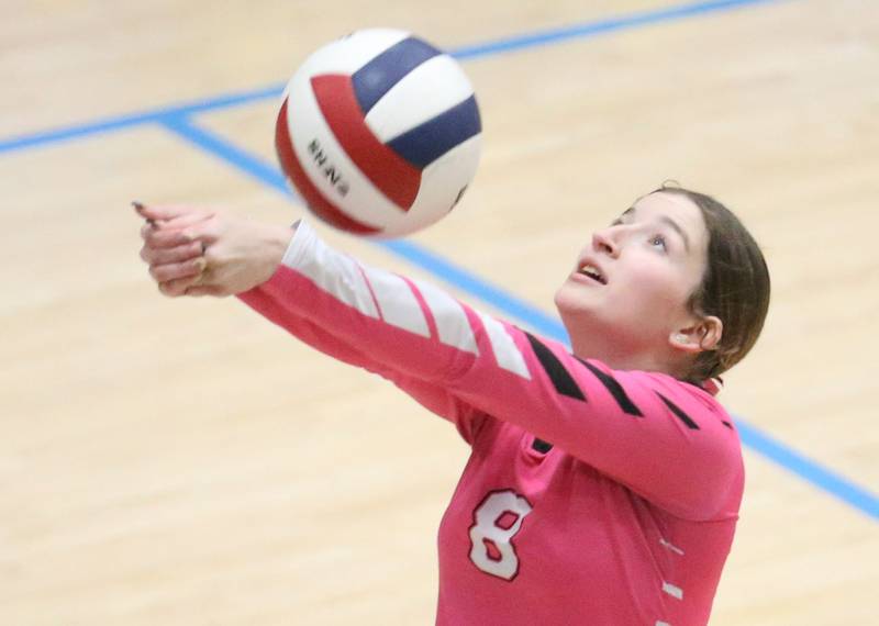 Serena's Rebekah Shugrue hits the ball against Marquette on Wednesday, Oct. 22, 2025 in Bader Gymnasium at Marquette High School.