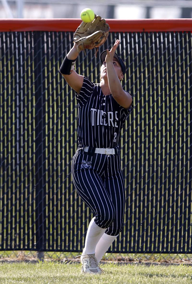 Crystal Lake Central's Ella Arana catches a fly ball hit by Prairie Ridge's Ady Kiddy during a Fox Valley Conference softball game on Wednesday, May 14, 2025, at Crystal Lake Central High School.
