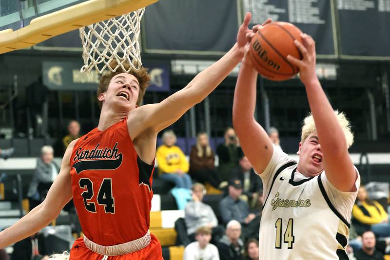 Sandwich's Dom Rome and Sycamore's Michael Chami go after a rebound during their game Friday, Nov. 24, 2023, in the Leland G. Strombom Holiday Tournament at Sycamore High School.