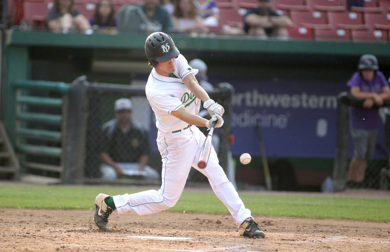 York’s Eli Maurer makes contact during the Class 4A Kane County Supersectional against Hononegah at Northwestern Medicine Field in Geneva on Monday, June 5, 2023.