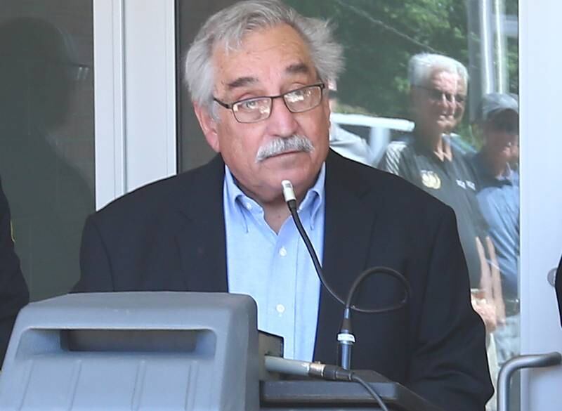 Oglesby mayor Dom Rivara delivers a speech during the grand opening ribbon cutting ceremony at the new Illinois Valley Regional Dispatch Center on Wednesday, July 13, 2022 in Peru.