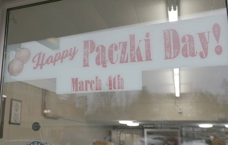 A sign reads "Happy Paczki Day" on Tuesday, March 4, 2025 at the Spring Valley Bakery.