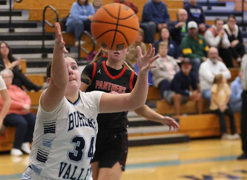 Bureau Valley's Brynley Doty, catches a pass during the Thanksgiving Tournament on Wednesday, Nov. 19, 2025 at Bureau Valley High School.