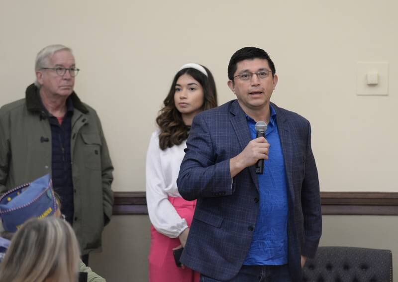 People including Ruben Castaneda of St. Charles ask U.S. Rep. Sean Casten, D-Downers Grove, questions during the LaGrange town hall held Saturday Jan 21, 2023.