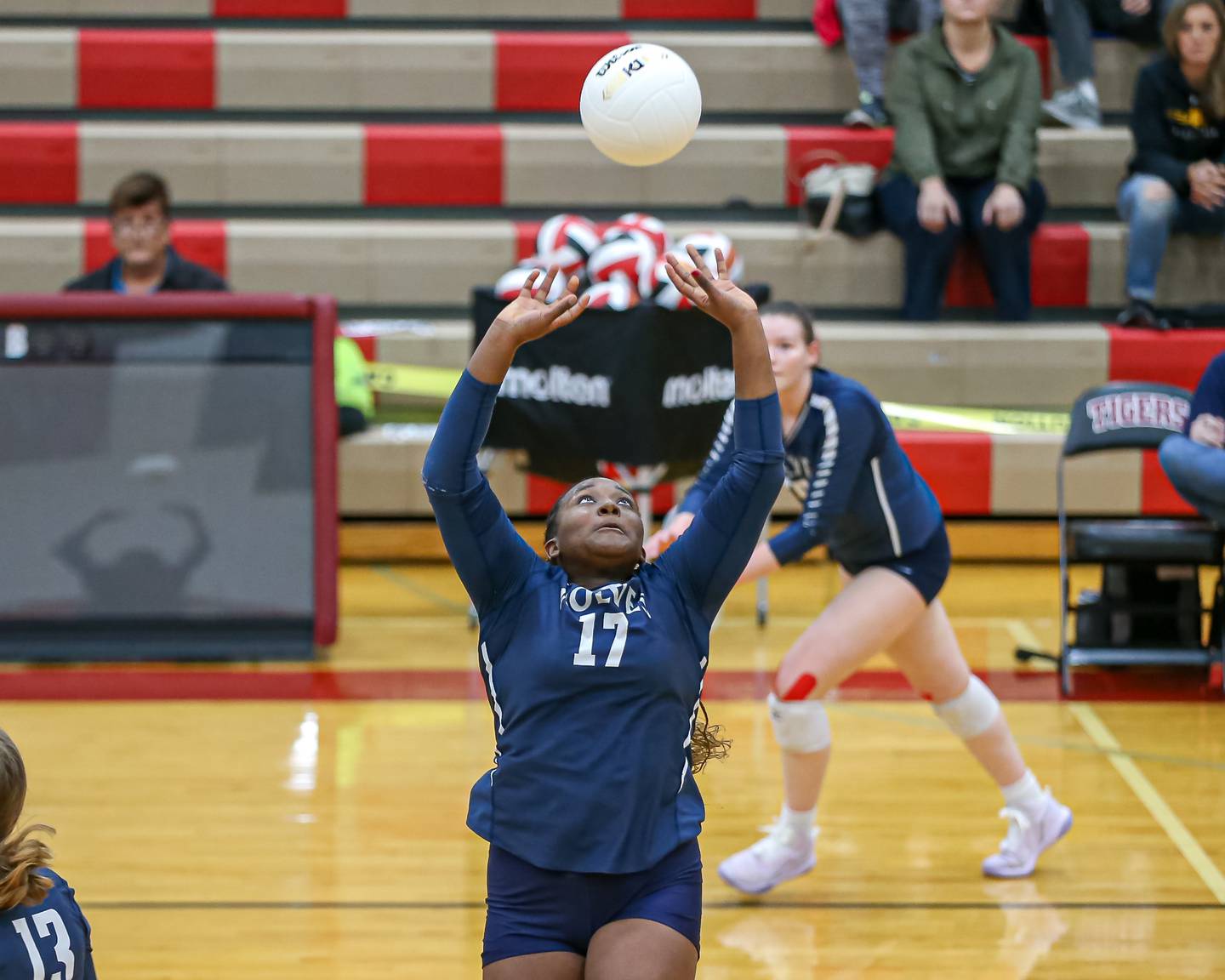 Oswego East's Vivian Campbell (17) sets a shot during Class 4A Plainfield North Sectional semifinal match between Oswego East at Benet. Oct 31, 2022.