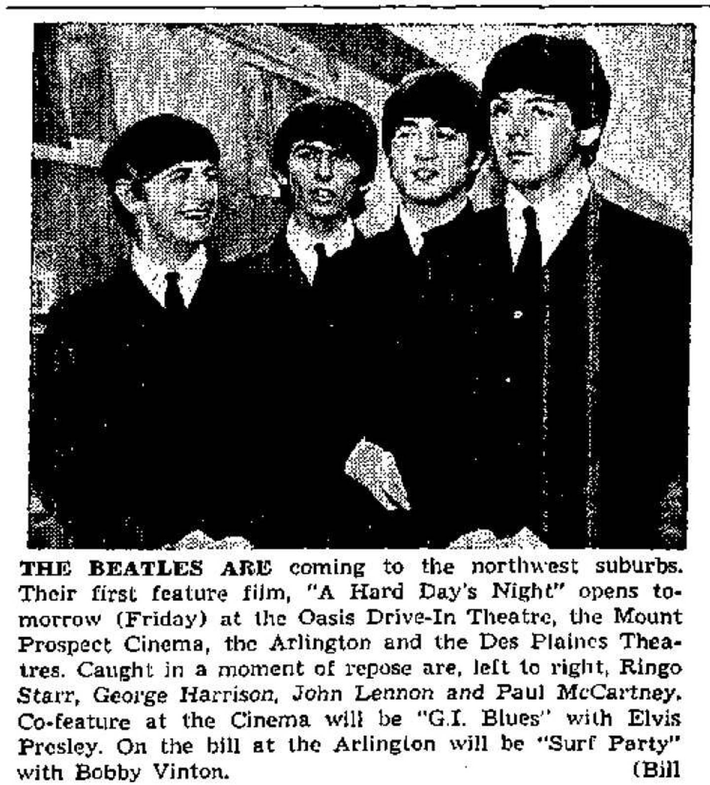 This Sept. 10, 1964, news clipping from the Arlington Heights Herald shows the Fab Four on the eve of their film debut at several Northwest suburban theaters.