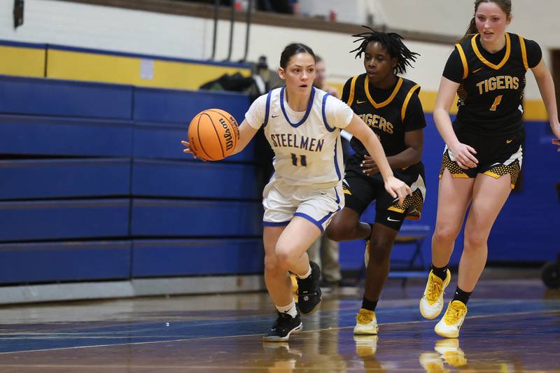 Joliet Central’s Alexis Pedrosa takes a turnover up court against Joliet West on Thursday, Jan. 15, 2026 in Joliet.