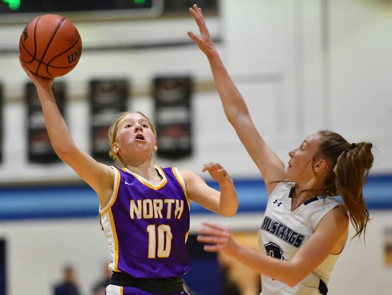 Downers Grove North's Hope Sebek (10) shoots as Downers Grove South's Emily Petring defends during a crosstown game on Dec. 17, 2022 at Downers Grove South High School in Downers Grove .