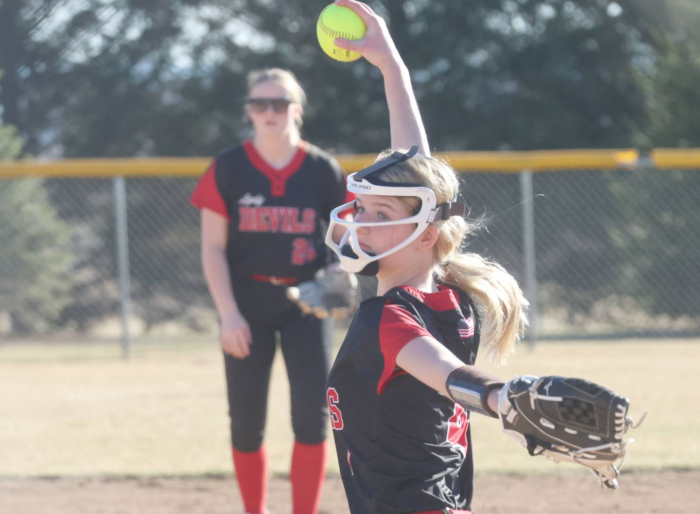 Hall pitcher Madison Krewer lets go of a throw to Bureau Valley on Monday, March 9, 2026 at Bureau Valley High School.