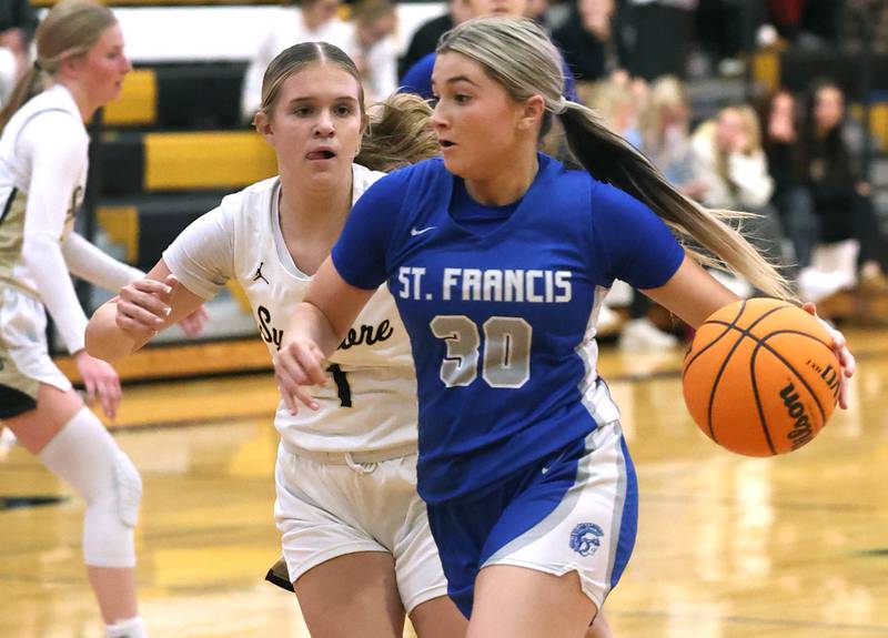 St. Francis' Téa Rubino goes to the basket against Sycamore's Quinn Carrier during their game Thursday, Jan. 4, 2023, at Sycamore High School.
