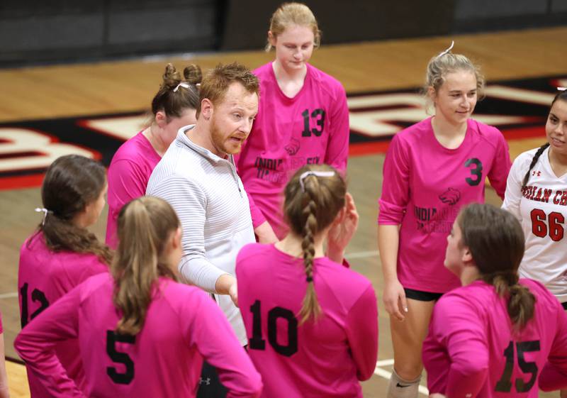 Indian Creek's head coach Matt Orstead talks to his team during their match against DePue Thursday night at Indian Creek High School in Shabbona.