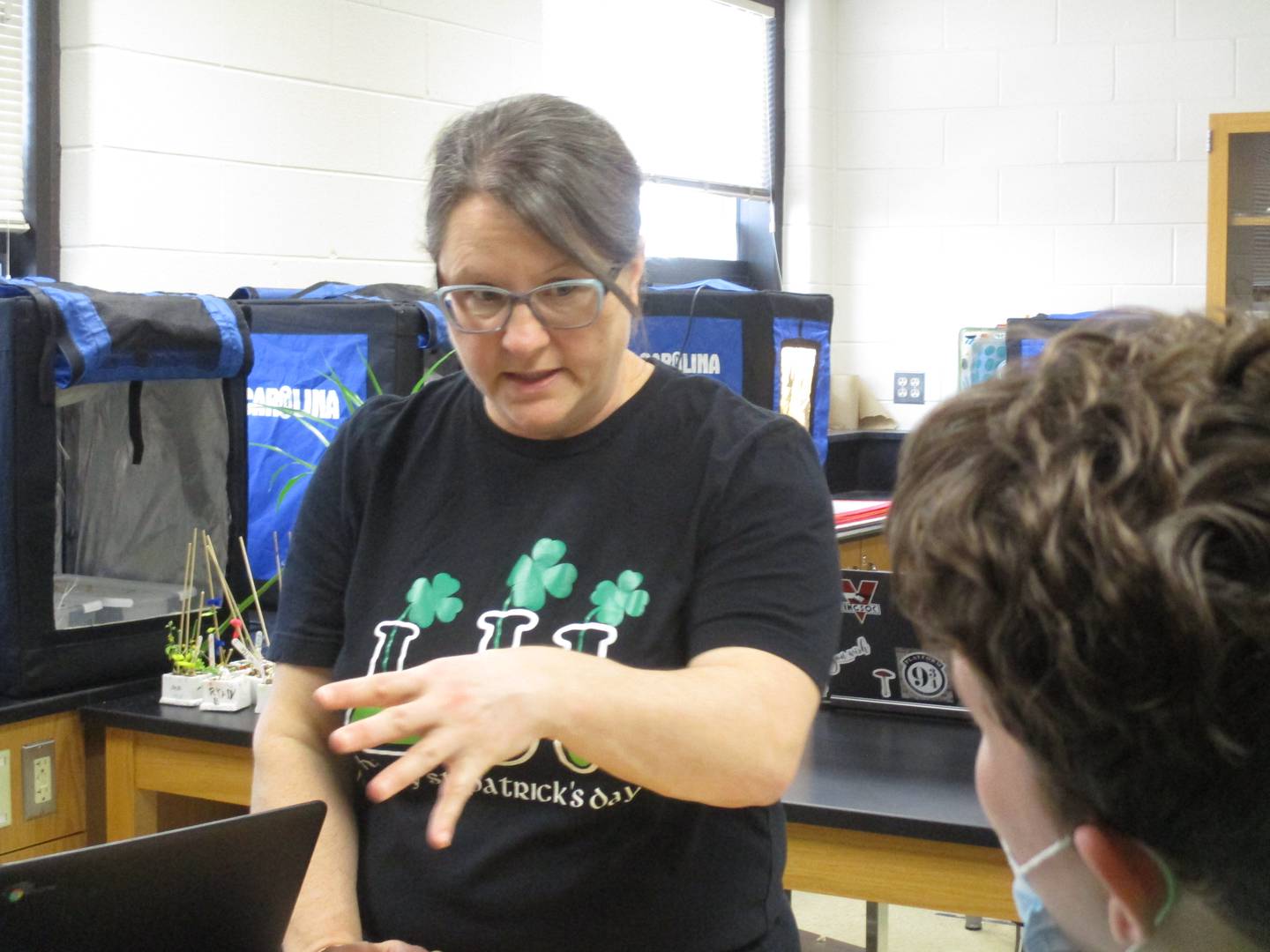 Oswego High School biology teacher Pam Phelps explains a concept to a student during a lab session. (Mark Foster -- mfoster@shawmedia.com)