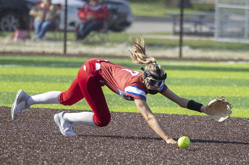 Morrison’s Isabella Duncan dives but can’t come up with the stop against Sterling Wednesday, April 26, 2023.