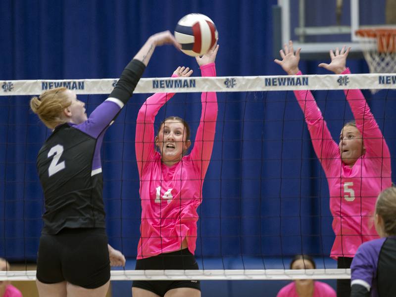 Dixon’s Madyson Tichler spikes against Newman’s Ruby Burger (left) and Lucy Oetting Thursday, Oct. 3, 2024, at Newman High School.