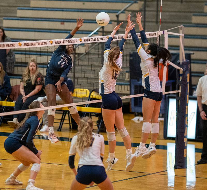 Oswego East's Cailyn Smiley (14) goes up for a kill against Neuqua Valley during the Neuqua Valley 4A regional final volleyball match at Neuqua Valley High School in Naperville on Thursday, Oct 27, 2022.