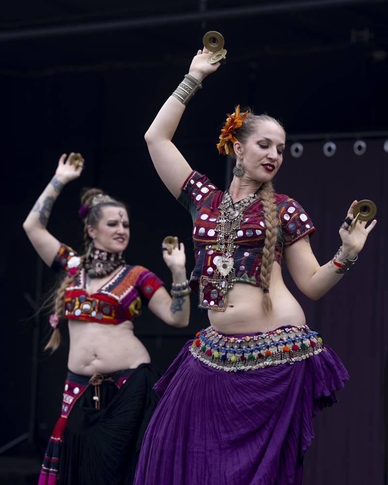 The Tamarind Tribal Belly Dance group performs group improv belly dances for the crowd Saturday, Sept. 28, 2024, at the Cedar Creek Ranch Renaissance Faire at Cedar Creek Ranch.