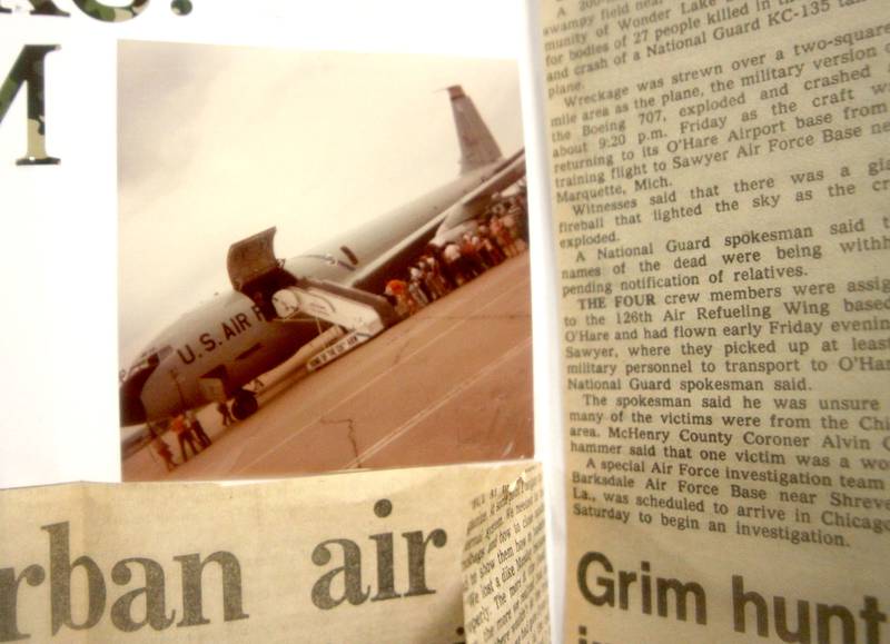 An archival image is displayed as a remembrance was held Saturday at Wonder Lake Fire Protection District Station 2 on the 40th anniversary of a midair military jet explosion that happened over the small, rural area northeast of Woodstock.