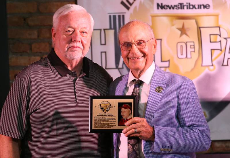 Roger Essmann, former soccer coach from Earlville, poses with emcee Lanny Slevin during the 2025 Shaw Media Illinois Valley Sports Hall of Fame at the Auditorium Ballroom in La Salle.