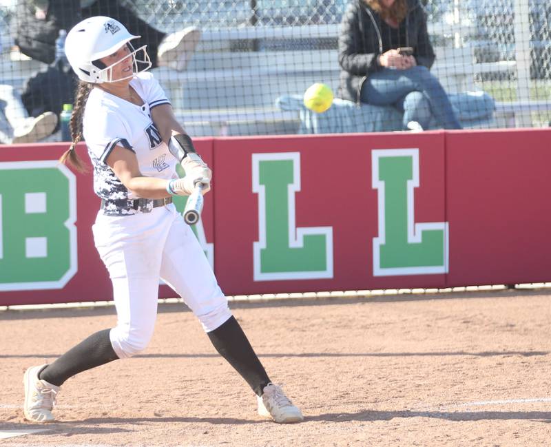 Kaneland's Angelina Campise makes contact with the ball against L-P on Wednesday, April 2024 at the L-P Athletic Complex in La Salle.