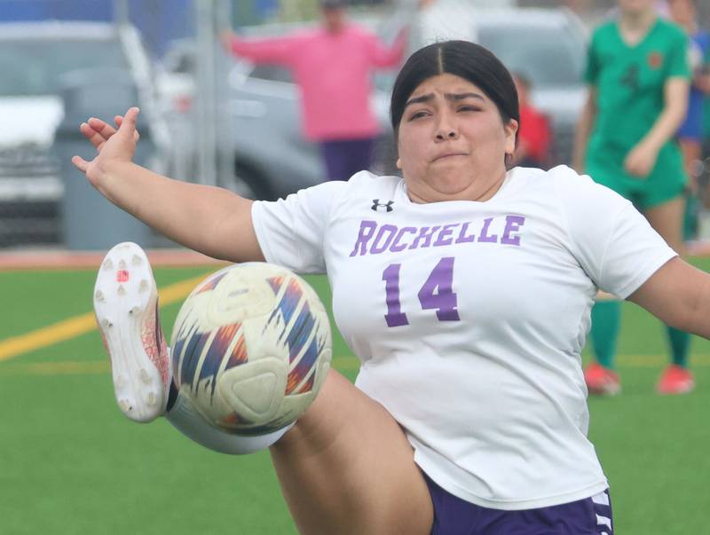 Rochelle's Deissy Torres stops the ball while making a defensive play against L-P on Wednesday, April 15, 2026 at the L-P Athletic Complex in La Salle.