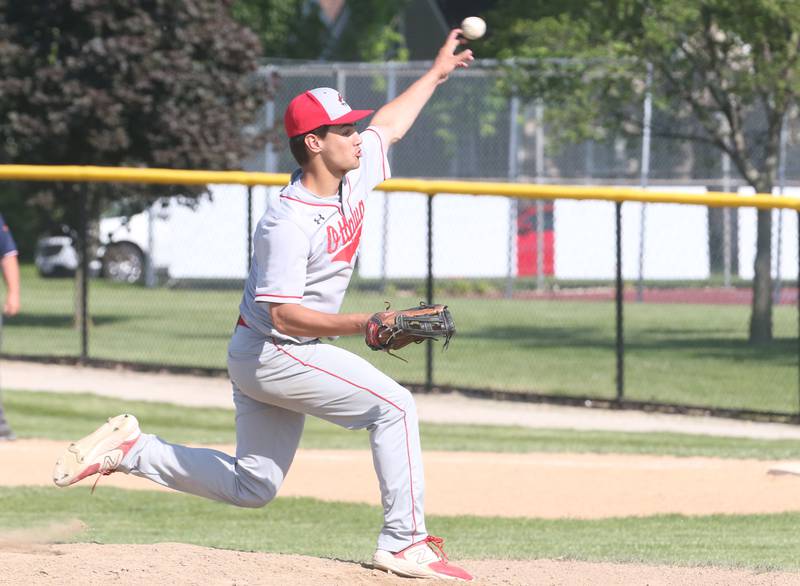 Ottawa's Payton Knoll lets go of a pitch against Rock Island during the Class 3A Regional semifinal game on Thursday, May 25, 2023 at Morris High School.