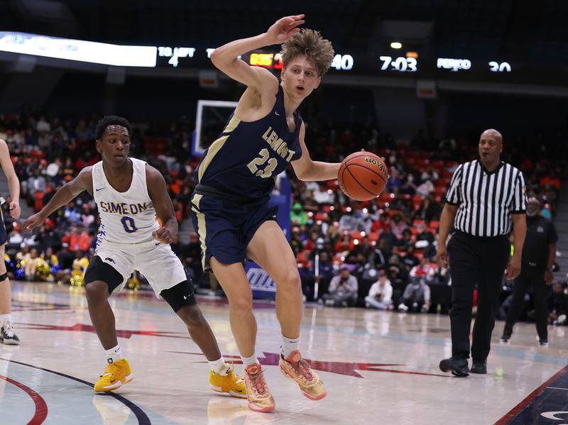 Lemont’s Nojus Indrusaitis makes a play against Simeon in the Class 3A super-sectional at UIC. Monday, Mar. 7, 2022, in Chicago.