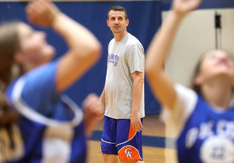 New Genoa-Kingston girls basketball coach Doug Brewington watches his players go through a drill Wednesday, June 26, 2024, during summer practice at the school. Brewington was the head girls basketball coach at Hinckley-Big Rock last year.