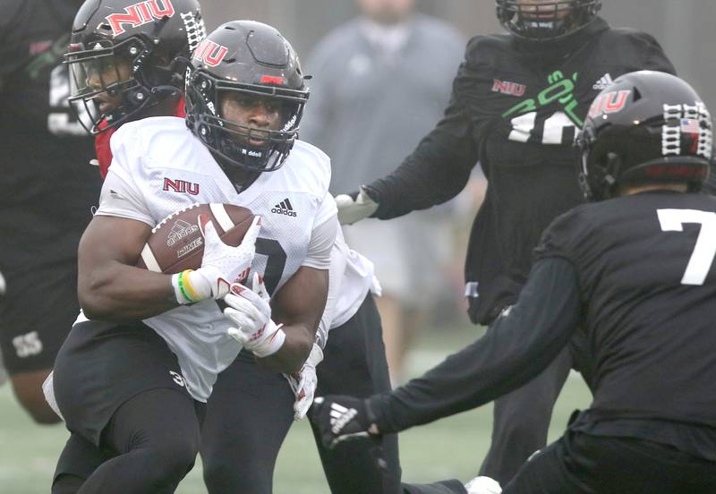 Northern Illinois University running back  	Harrison Waylee carries the ball during spring practice Wednesday, March 23, 2022, at NIU in DeKalb.