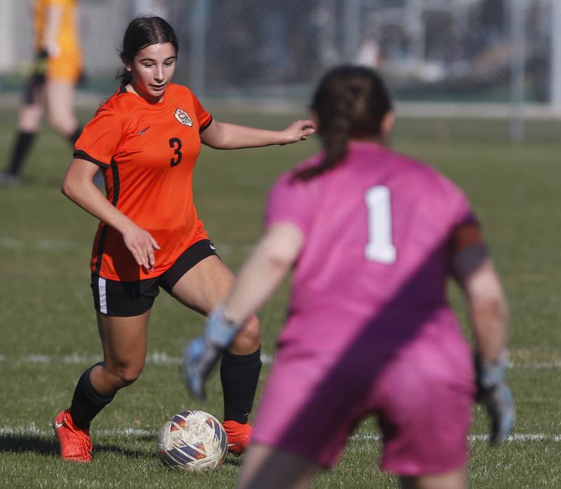 Crystal Lake Central's Addison Schaffer drives towards the goal in front of Huntley's Maddie Lackovic during a Fox Valley Conference soccer game on Tuesday, April 9, 2024, at Crystal Lake Central High School.